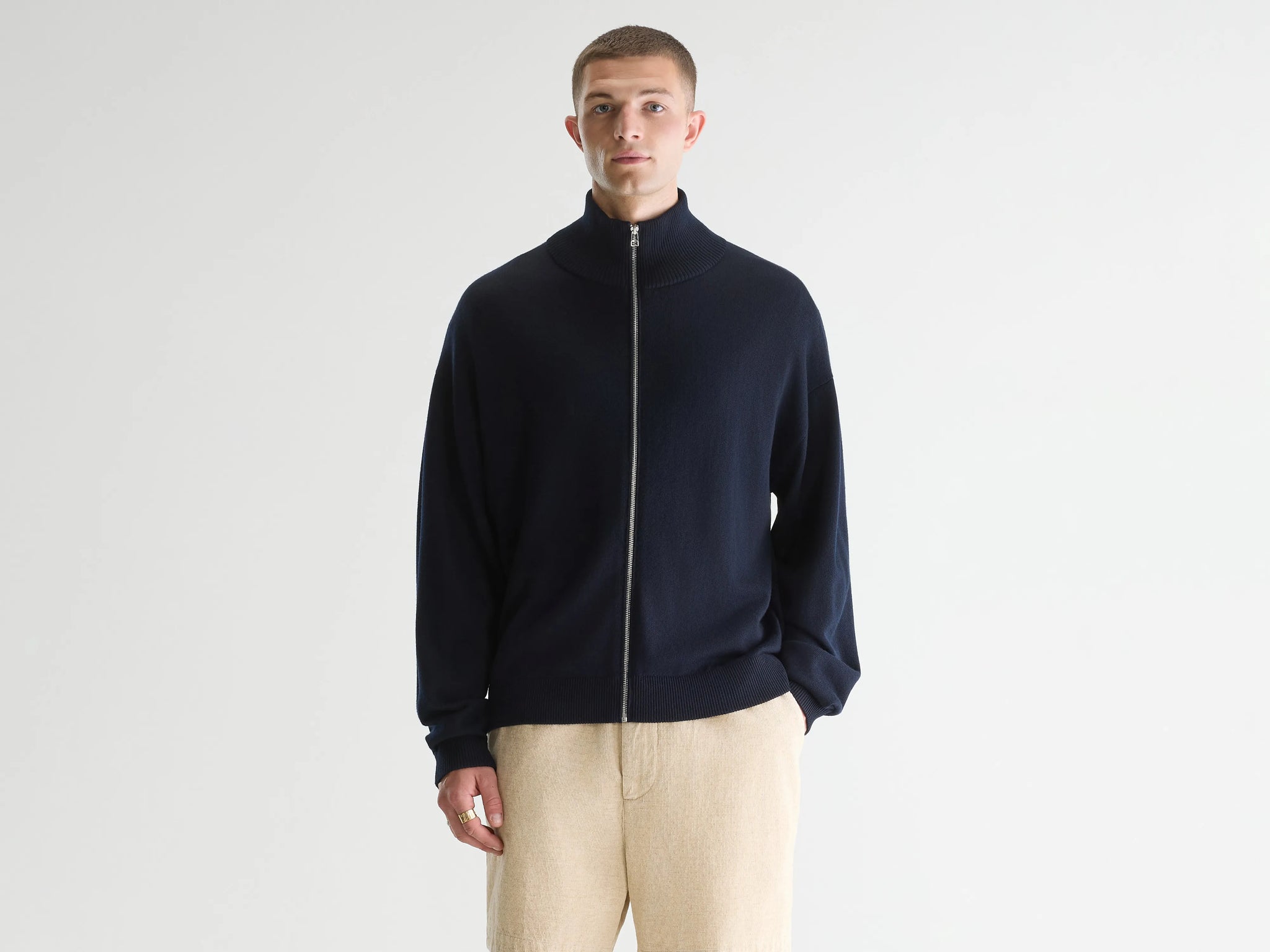 Navy merino wool zip-up cardigan - Men | Bellerose