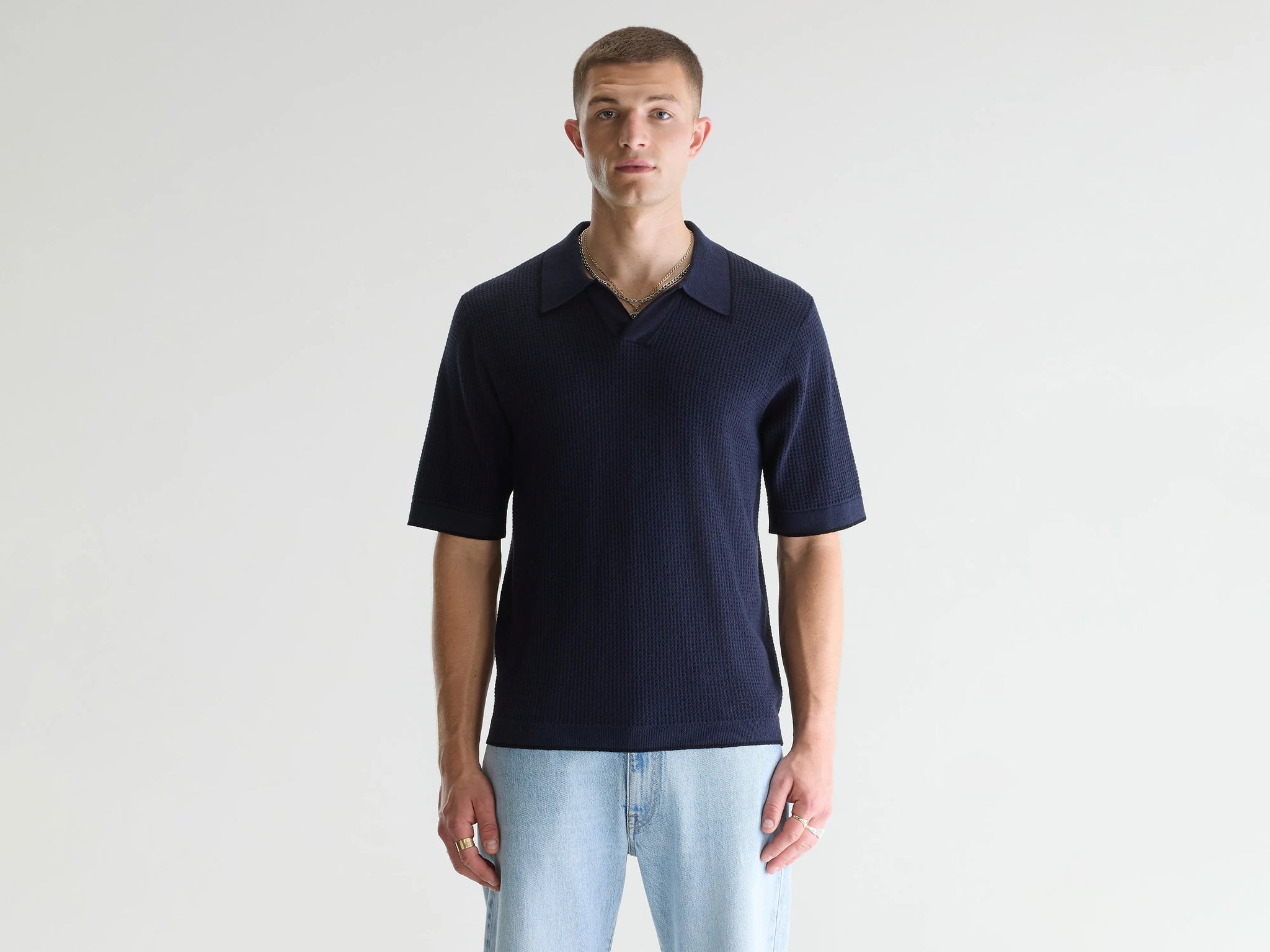 Short sleeve blue waffle knit polo for men | Bellerose