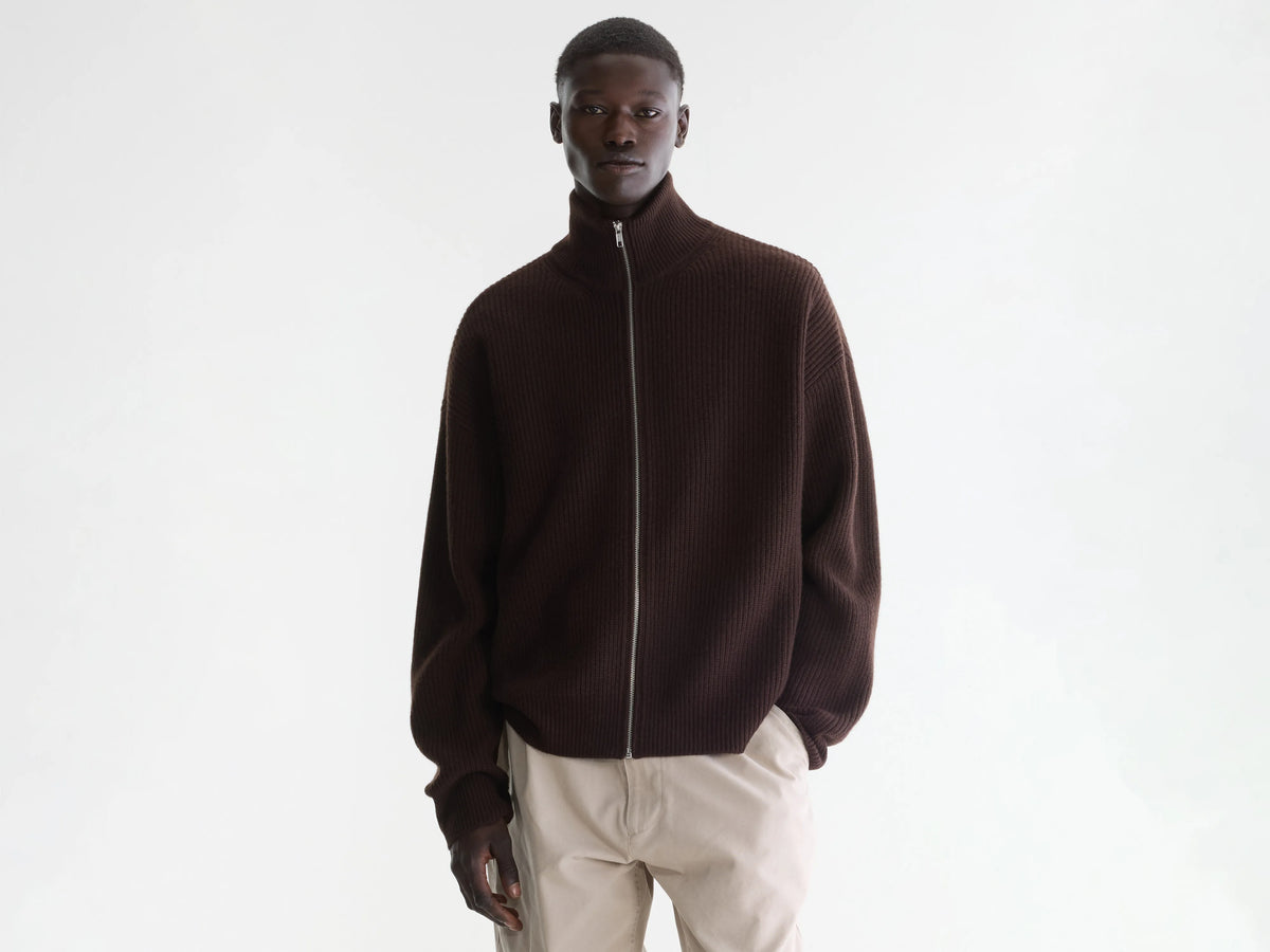 Dark brown merino wool mock-neck cardigan - Men | Bellerose