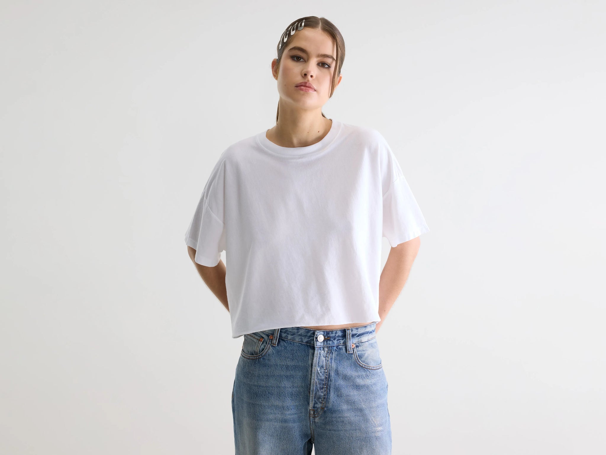 Oversized white cropped t-shirt for women | Bellerose