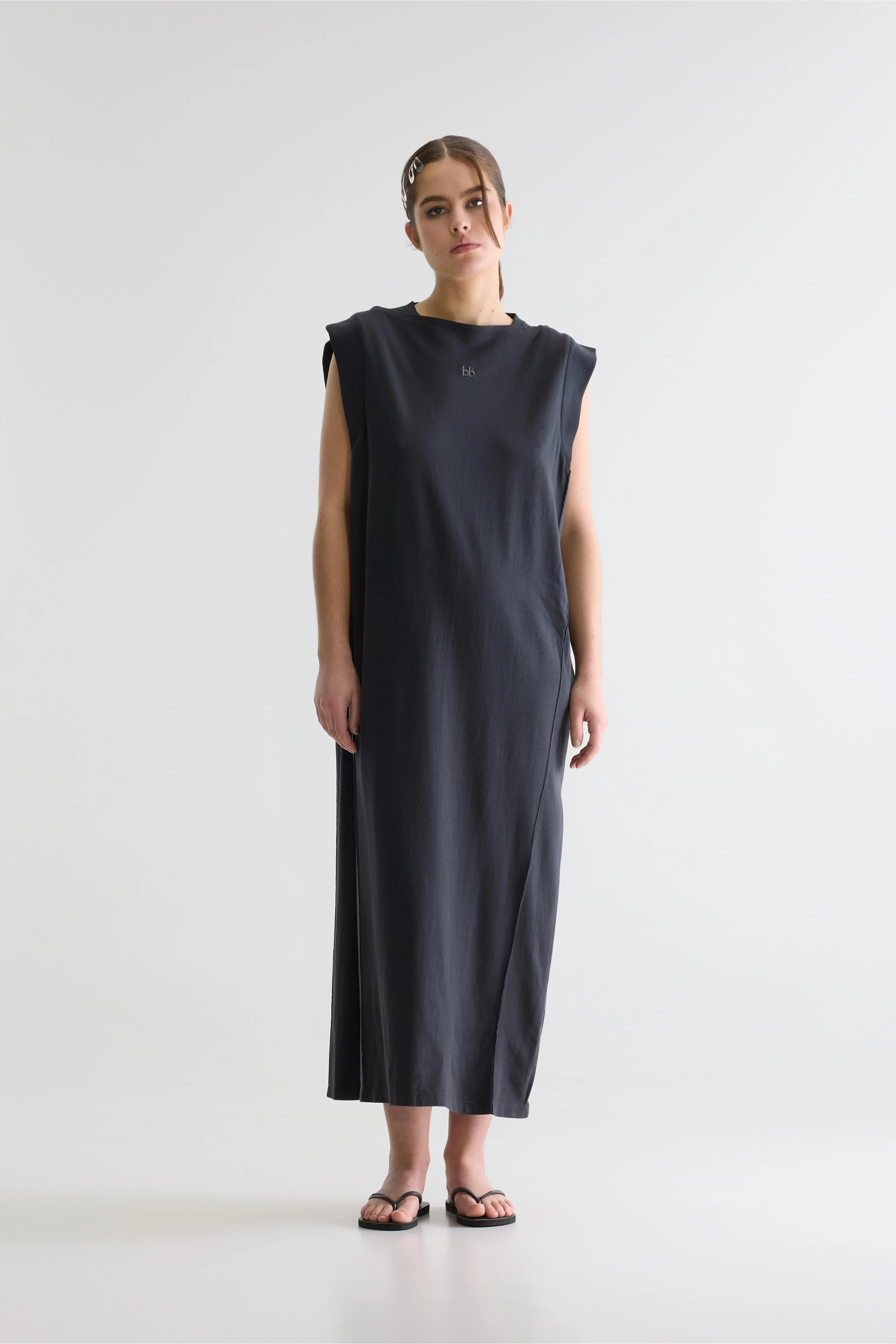Cling jersey long dress (261 / W / BLACK SAND)
