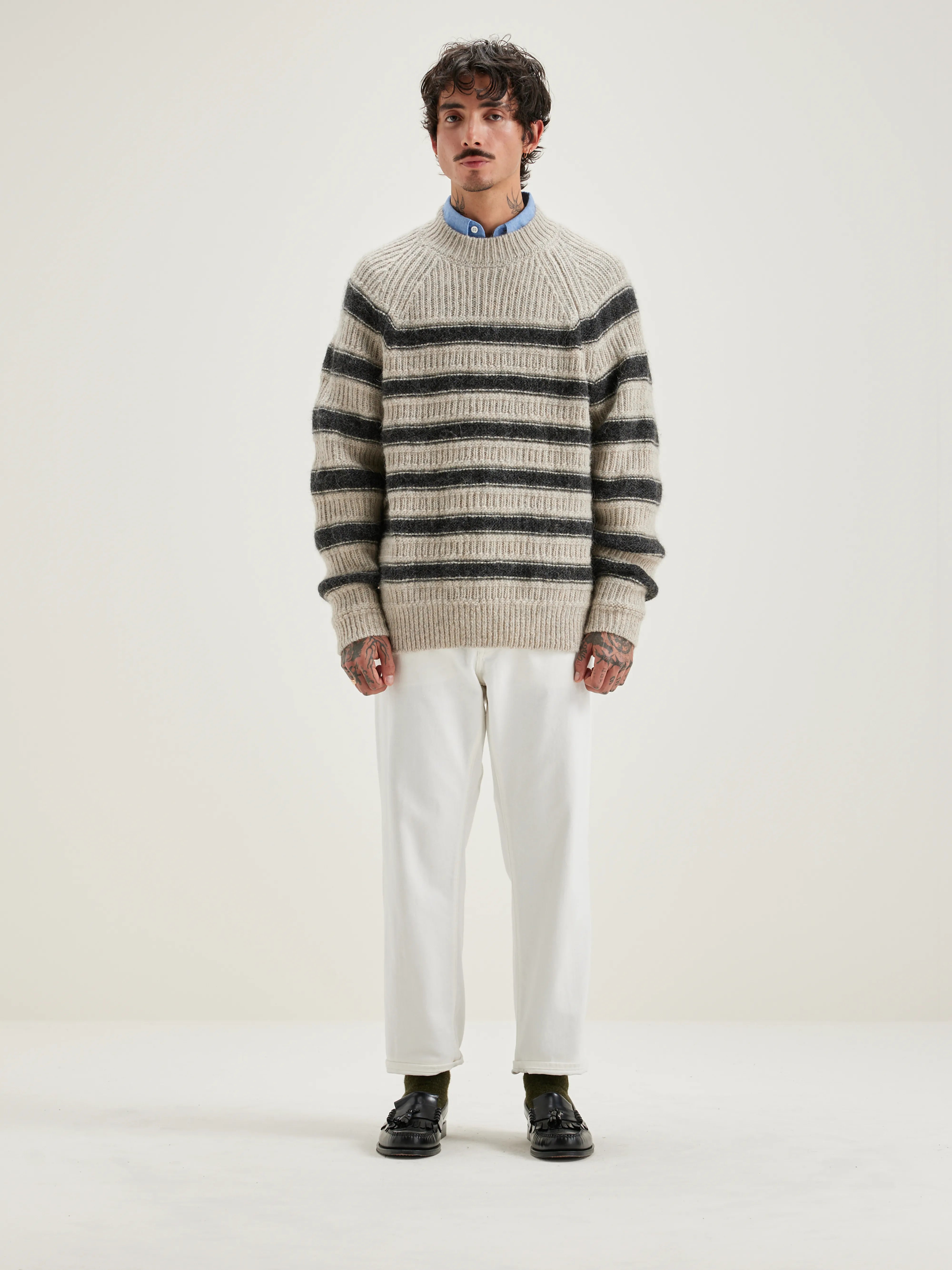 Lidon Crew-neck Sweater - Oatmeal / Off black For Men | Bellerose