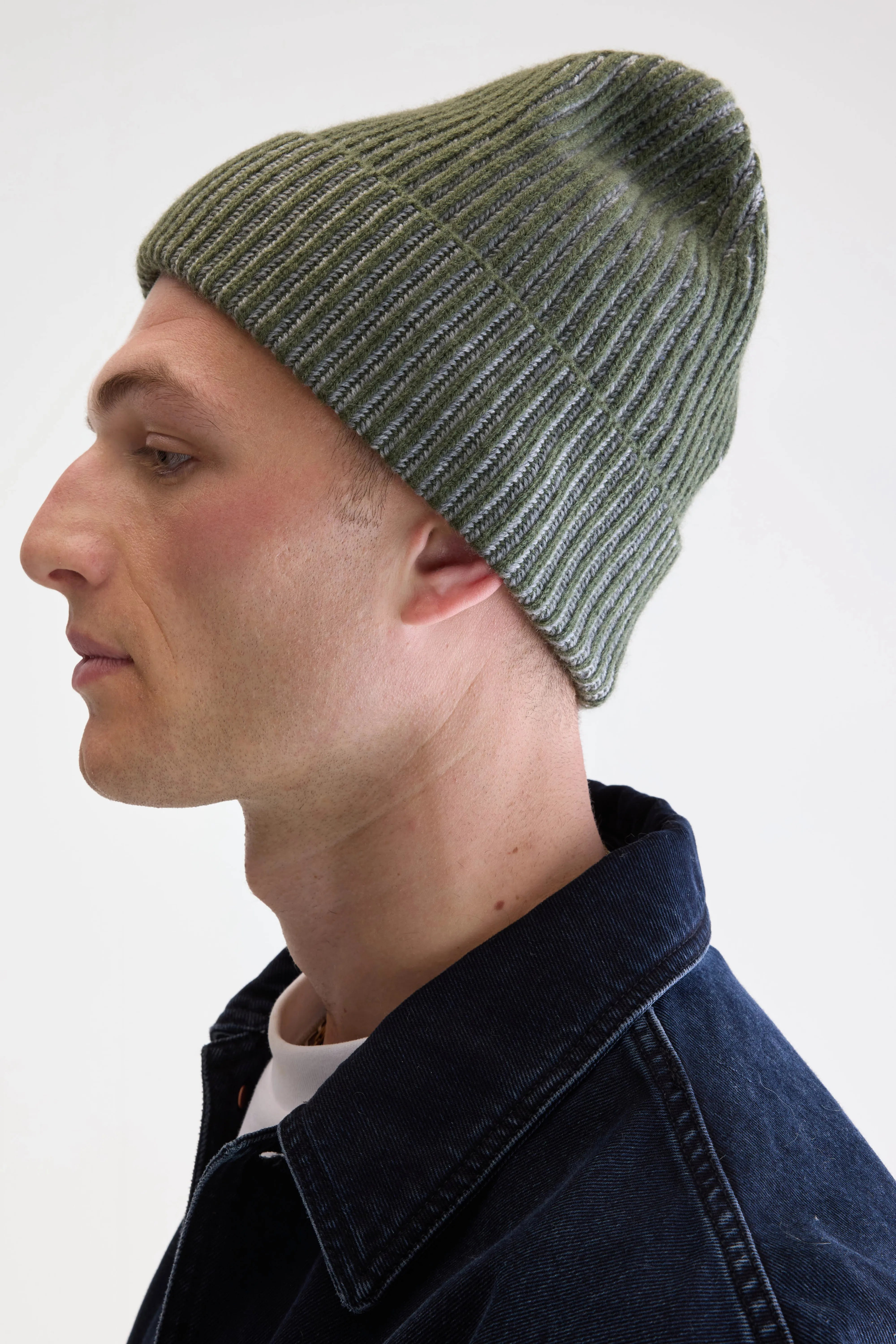 Sonaro Ribbed Knit Beanie - Grey melange / Olive For Men | Bellerose