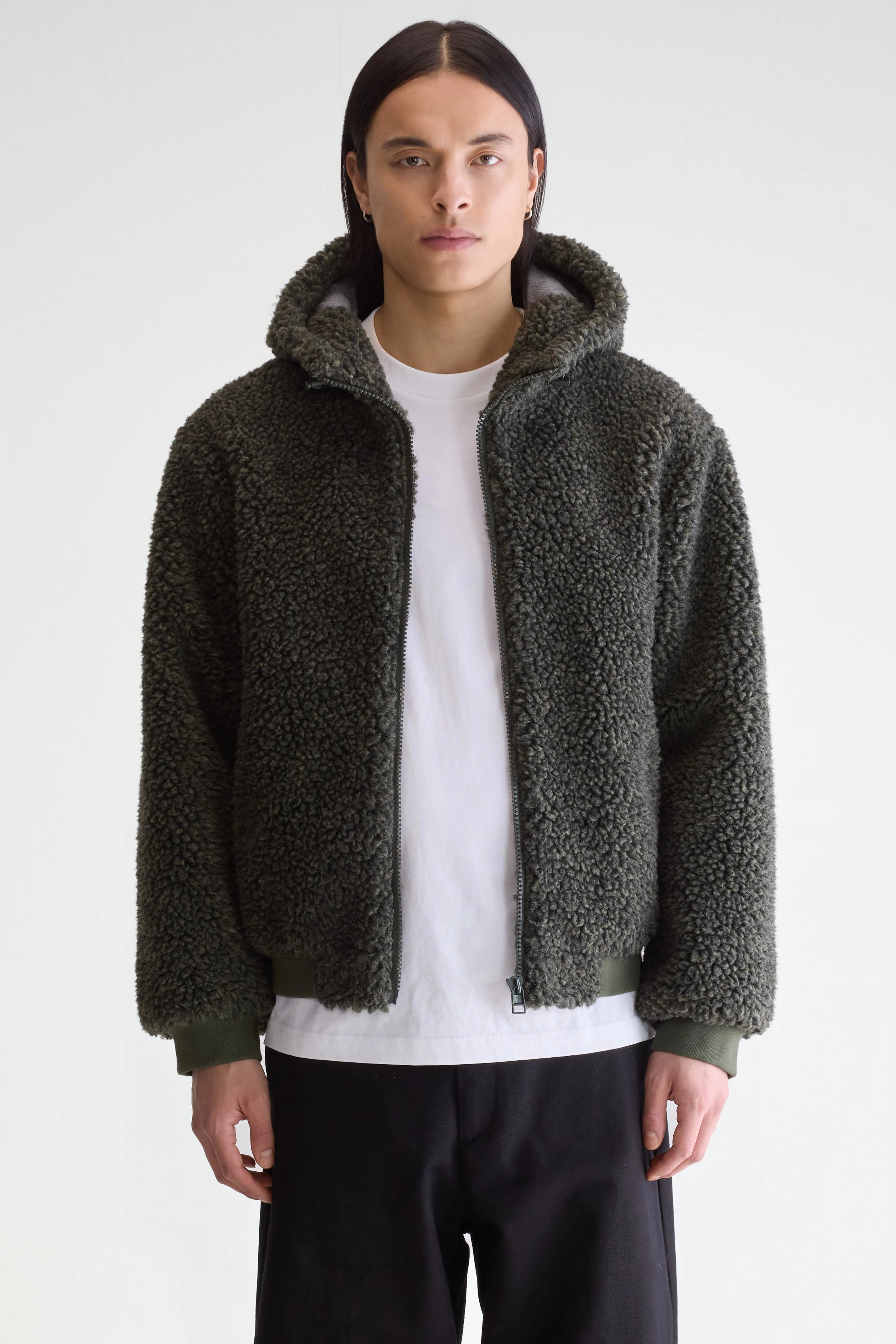 Jake Zip-up Teddy Hoodie - Dark olive For Men | Bellerose