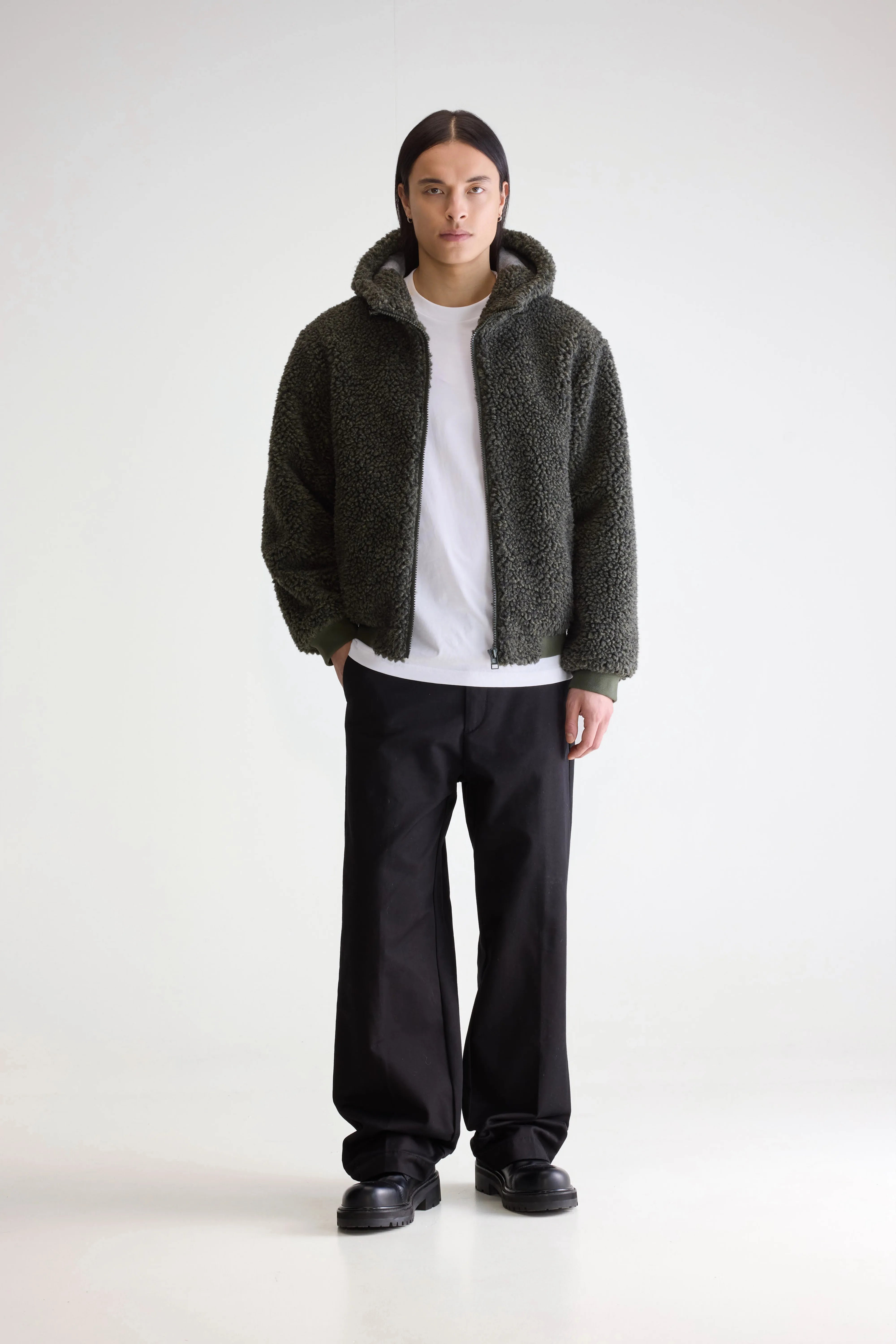 Jake Zip-up Teddy Hoodie - Dark olive For Men | Bellerose