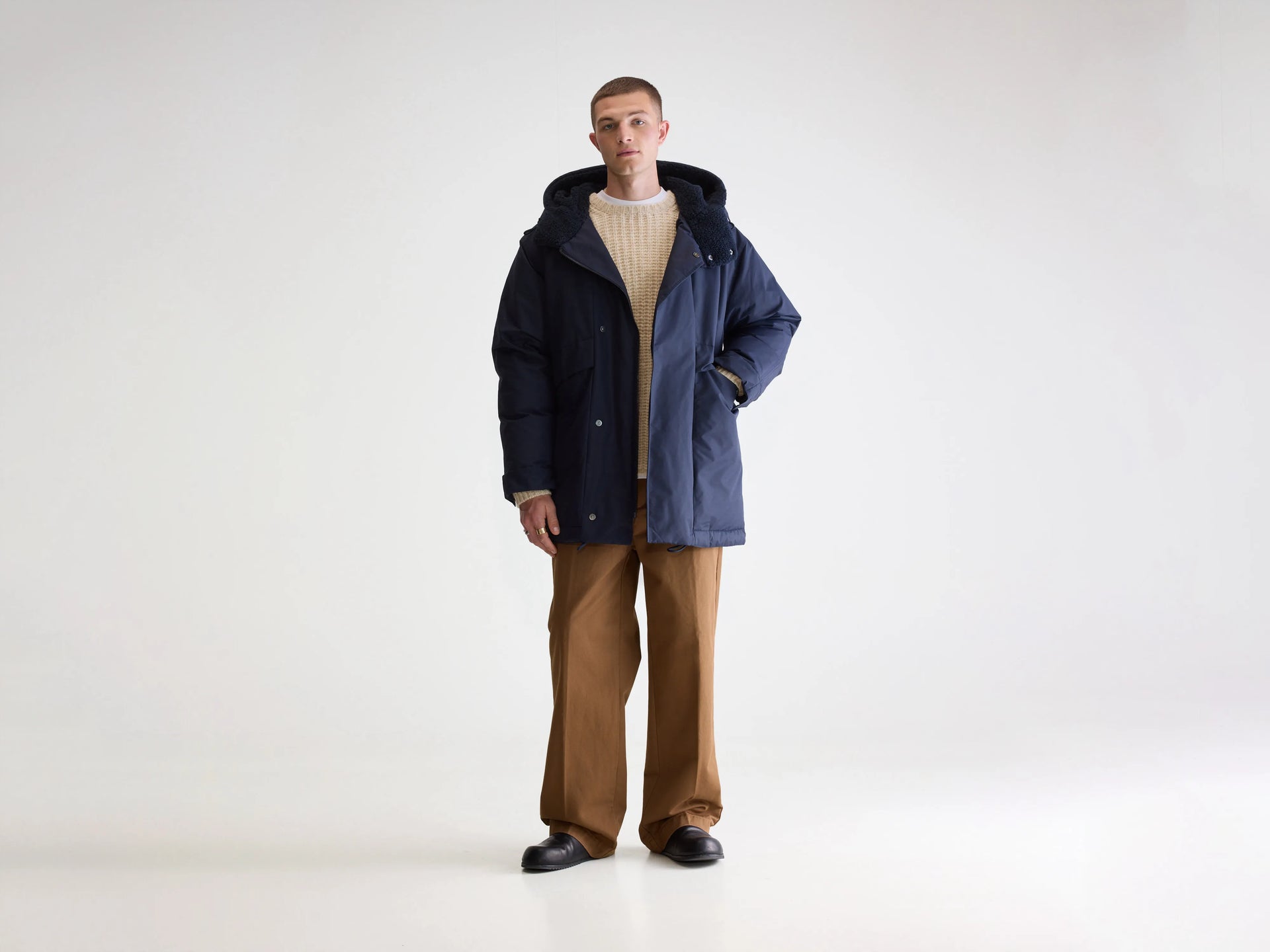 Navy mid-length hooded parka for men | Bellerose