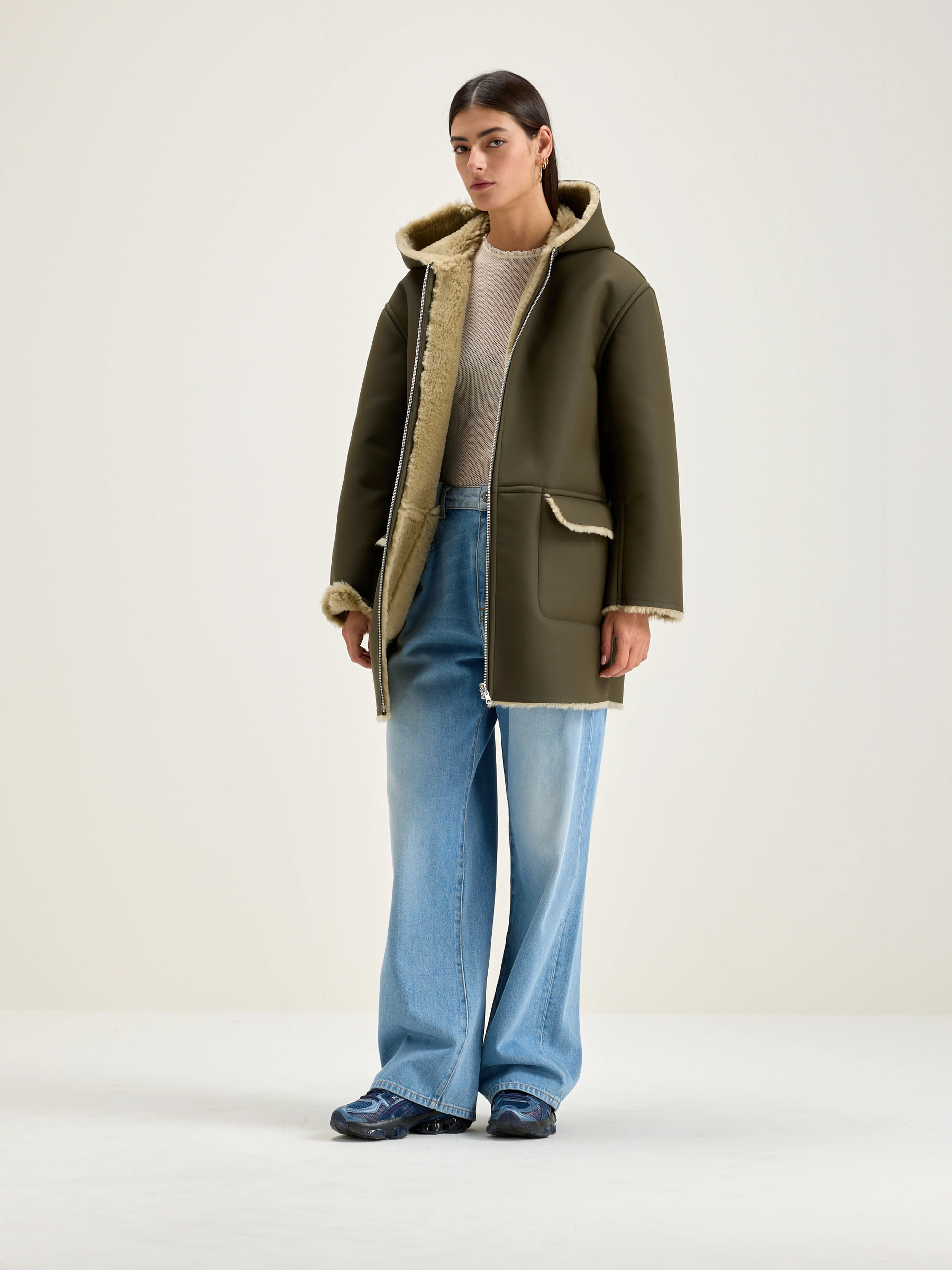 Reversible faux shearling coat in green for women Bellerose