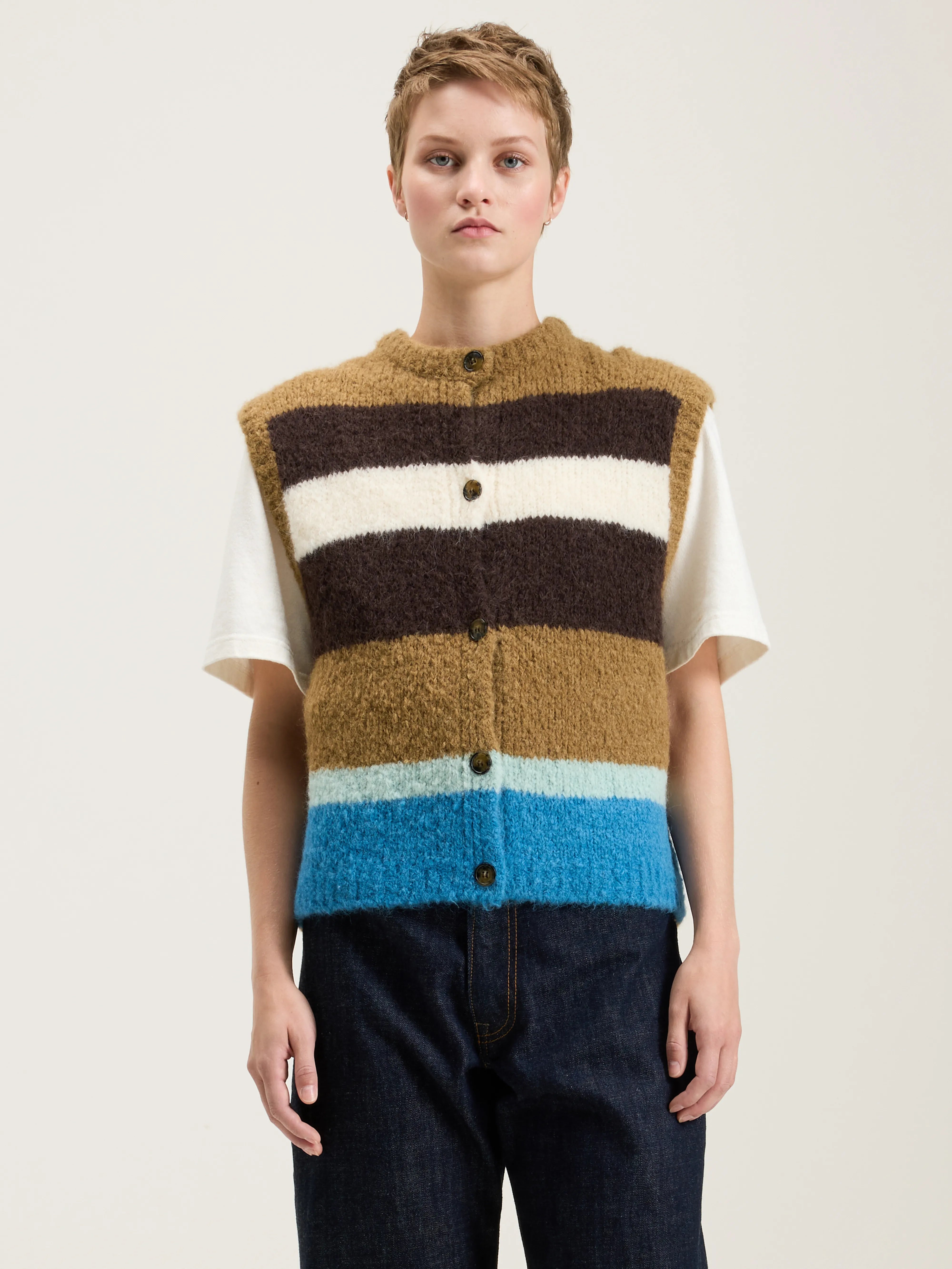 Abogi Sleeveless Sweater - Ocean / Off white / Tan For Women | Bellerose