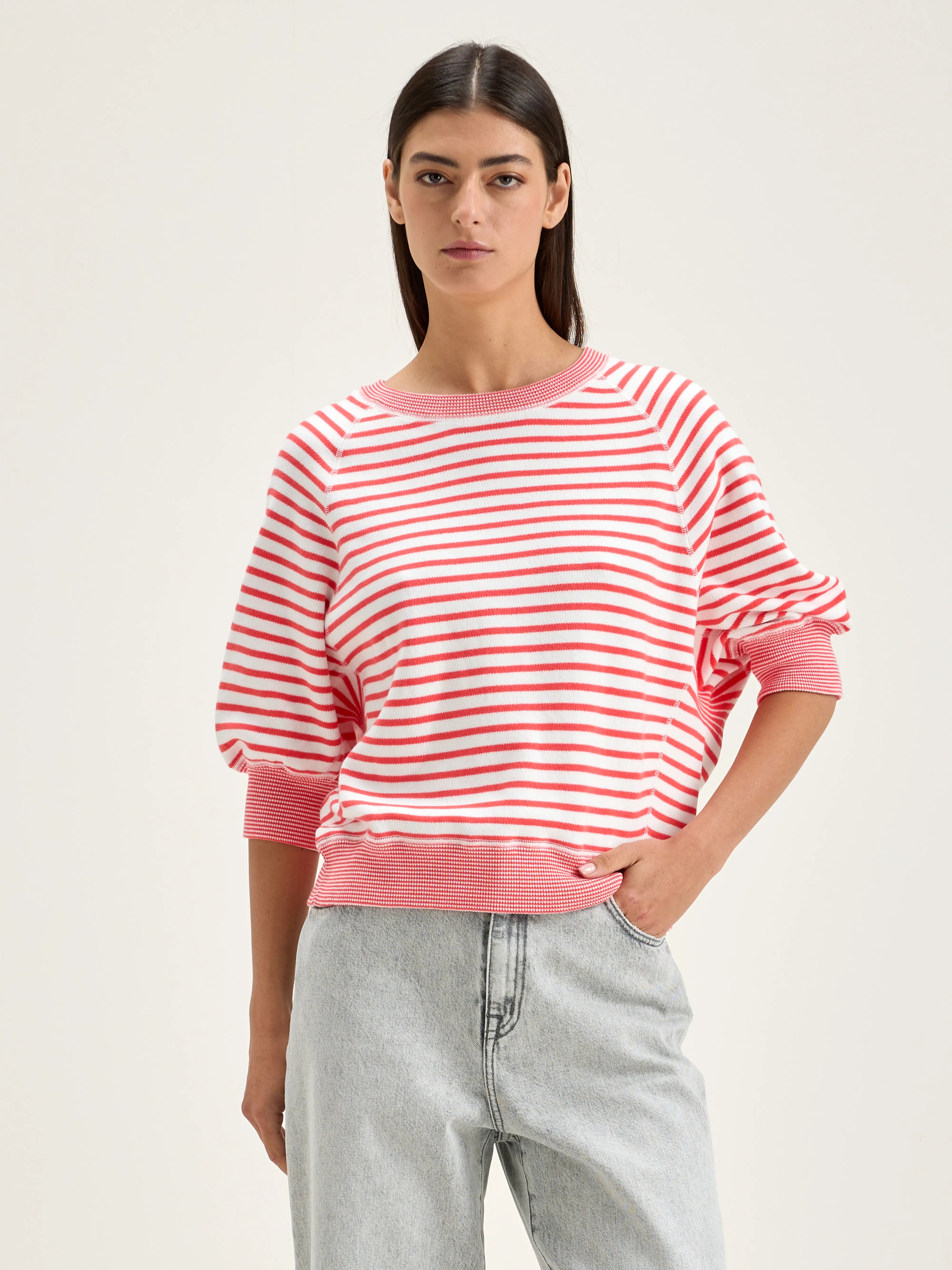 Pull Col Rond Anglet - Corail / Vintage white Pour Femme | Bellerose