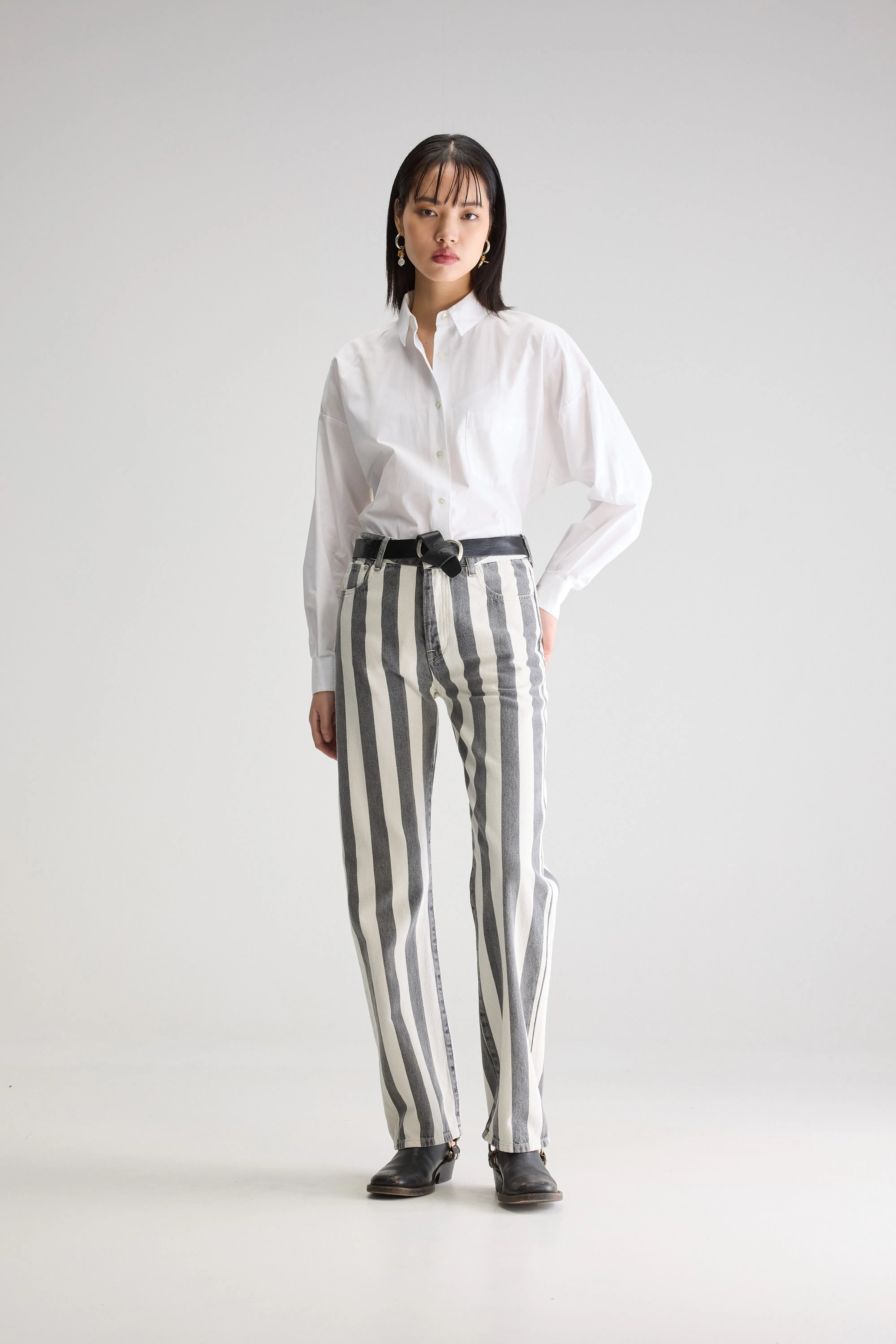 Black and white striped high waisted jeans online