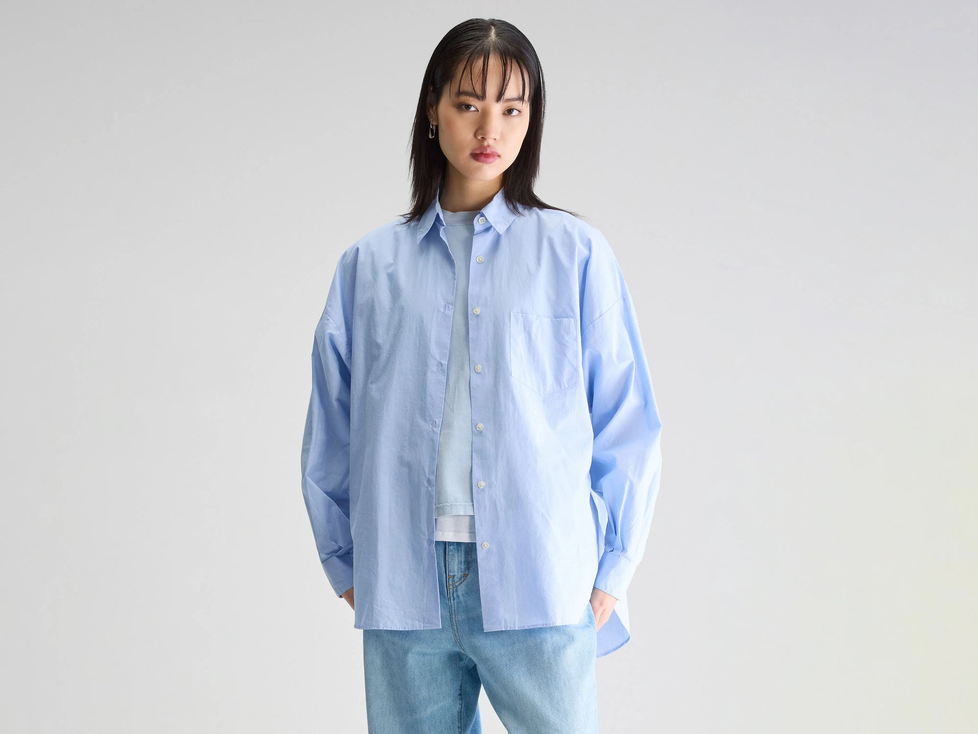 売れ筋商品|||ラルフローレン カットソー トップス レディース Women's Cotton Woven Oversize Shirt Classic Medium Blue Oversize Fit Denim Shirt