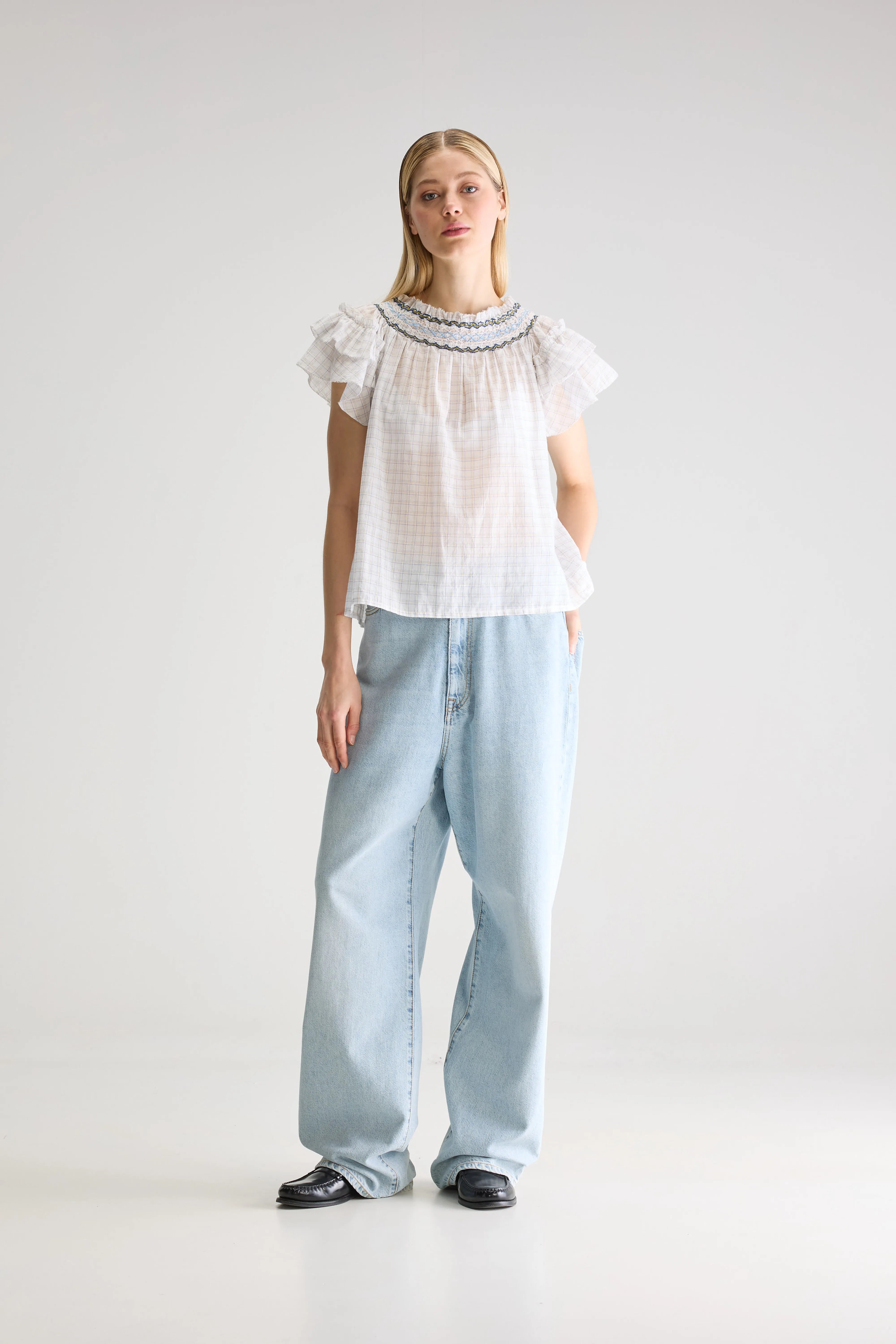 Cathy Checked Blouse - Sky / Vintage white For Women | Bellerose