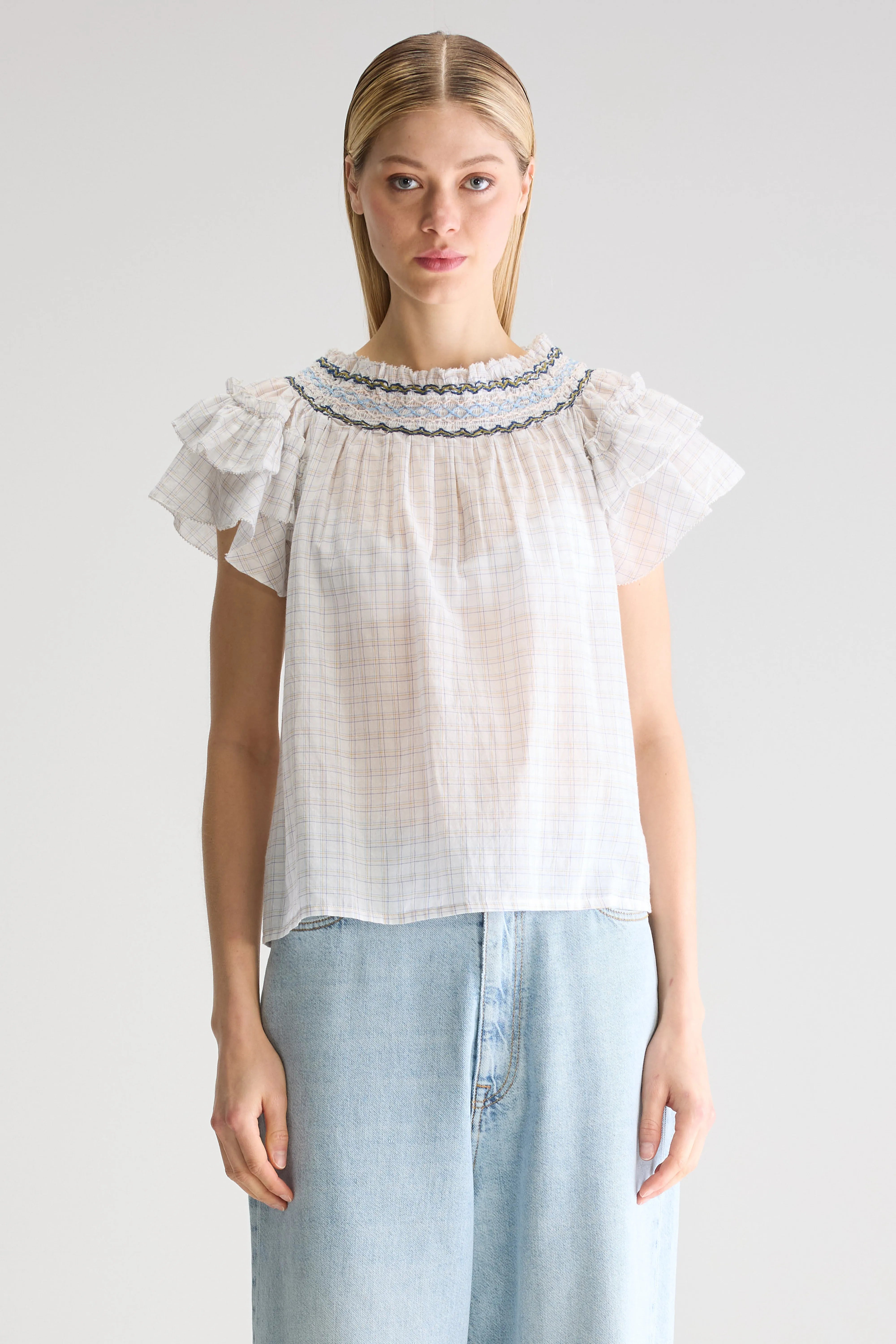 Cathy Checked Blouse - Sky / Vintage white For Women | Bellerose