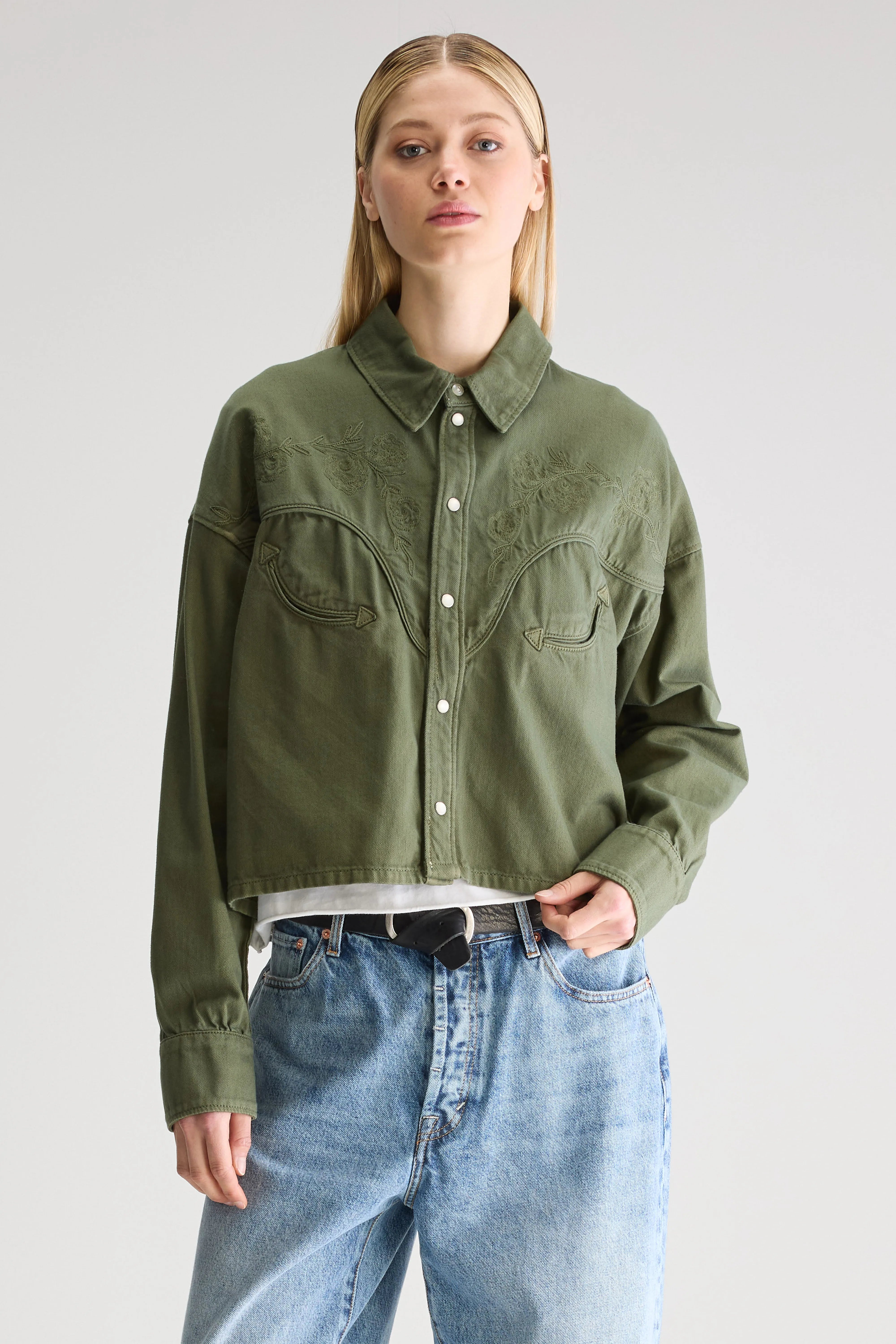 Polaris Cropped Denim Shirt - Dusty olive For Women | Bellerose