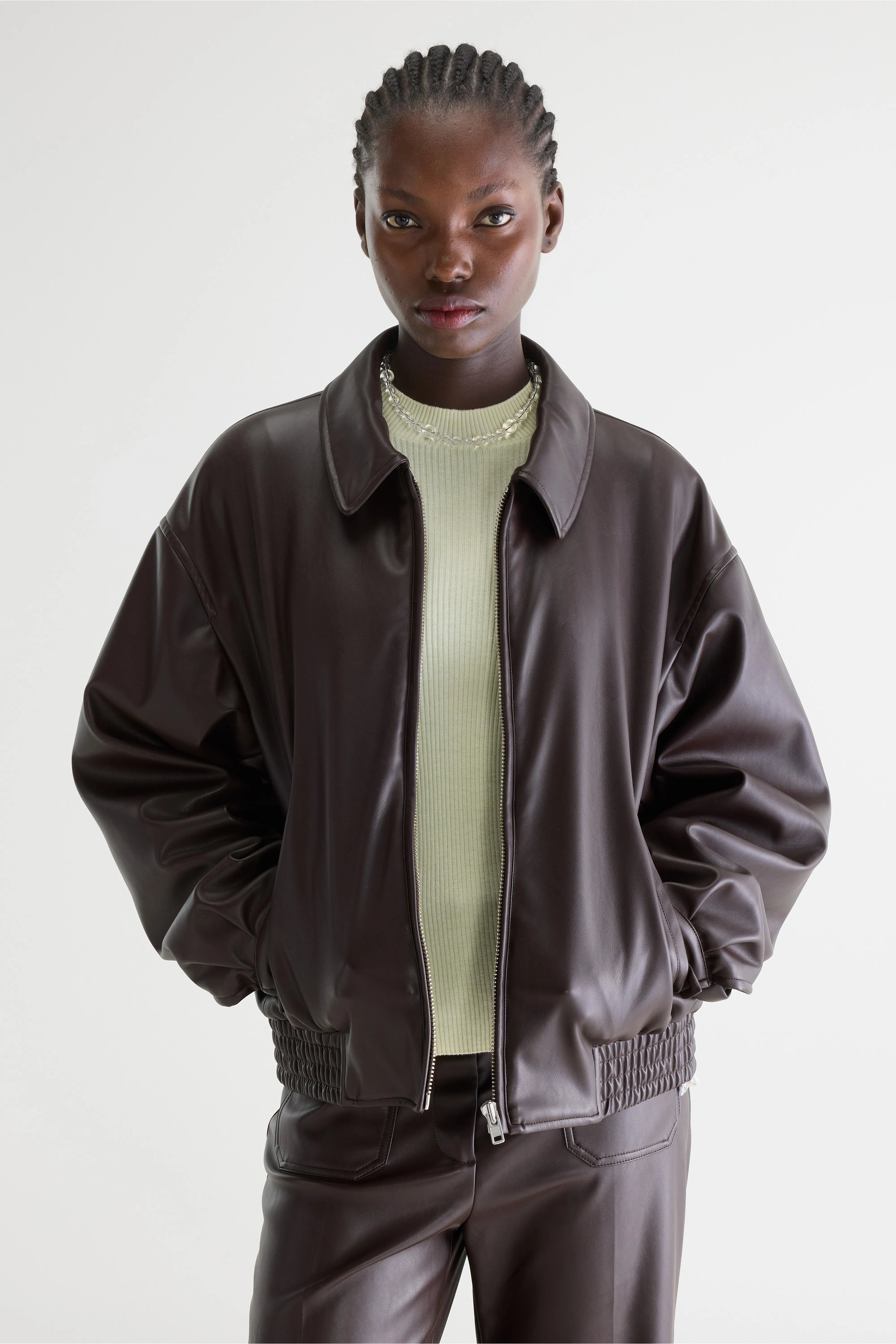 Bomber en cuir avec col en maillenoir pour Femme | FR Bomber en cuir avec col en maillenoir pour Femme | FR