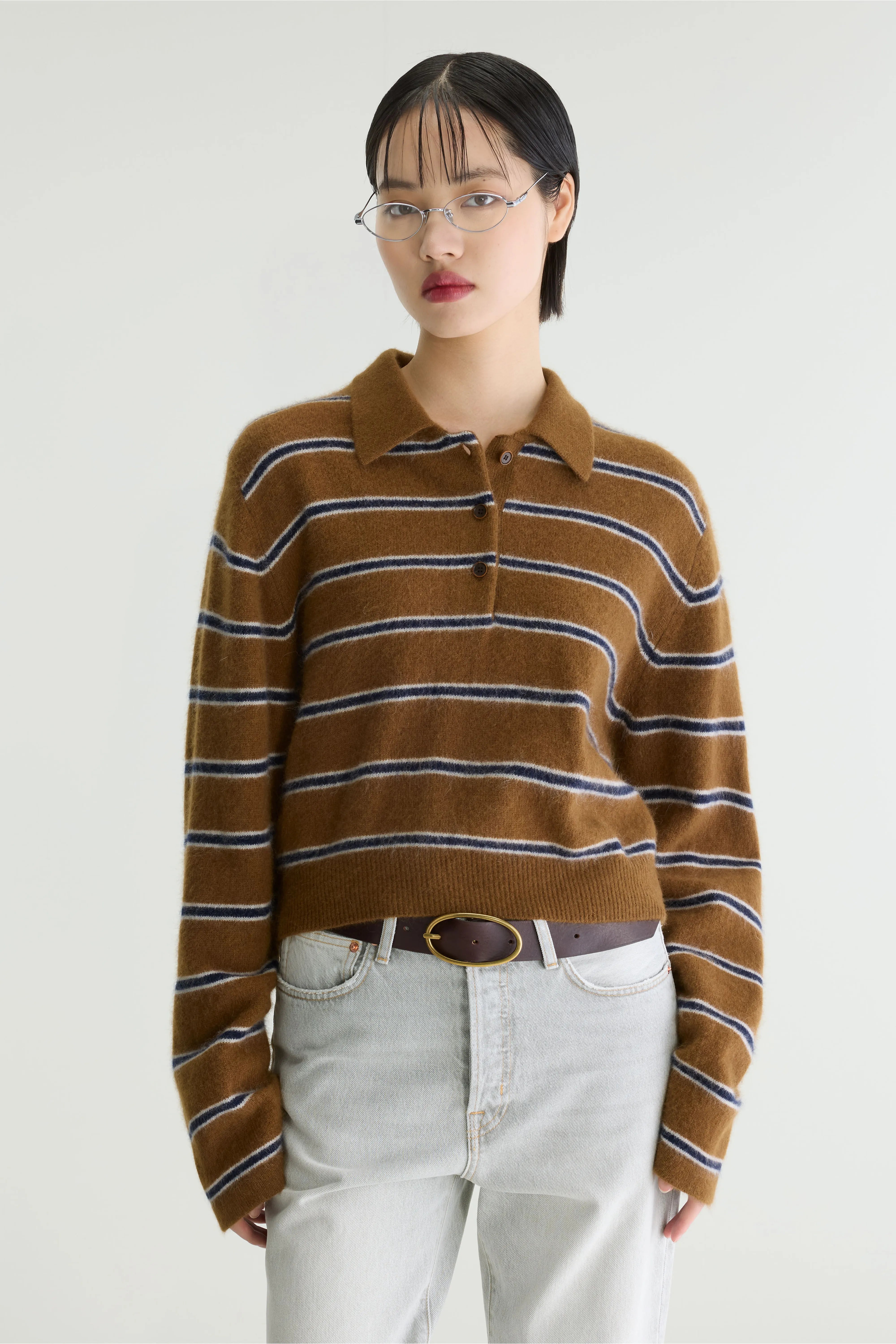 Pull Col Polo Rayé Dussyr - Captain / Chocolate / Oyster Pour Femme | Bellerose